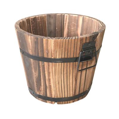 China Modern Vintage Garden Flower Potted Plant Container Wooden Box Around Whiskey Barrel Rustic Wooden Planter for sale