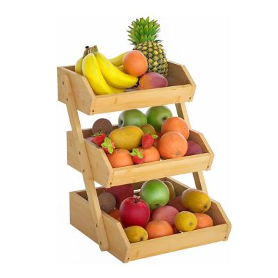 China Large Bamboo Fruit Basket Fruit Vegetable Storage Stand Holder Viable Organizer 3 Tier For Kitchen Countertop for sale