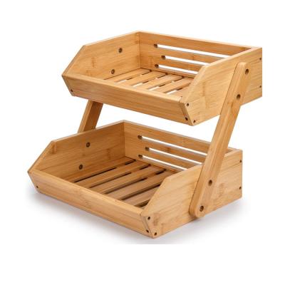 China Sustainable Storage 2 Tier Large Capacity Vegetable Fruit Basket Bamboo Wooden Rack for sale