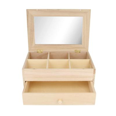 China Wooden handmade unfinished Paulownia wood trinket box with mirror and drawer for sale