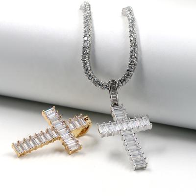 China Wholesale FASHIONABLE Religious Rhodium Brass Trendy Gold Plating Pave Bling Bling White Zircon Cross Shape Choker Pendant Cubic Necklaces for sale