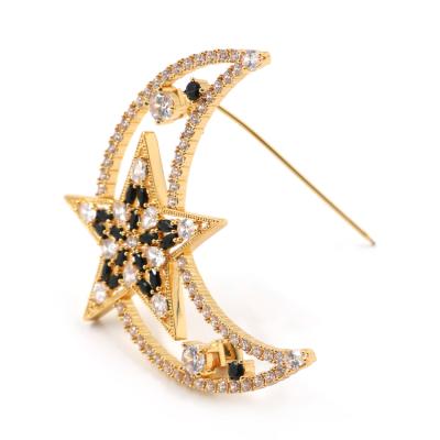 China Fashionable Custom Brooches 2020 New Design 18K Alloy Gold Hollow Moon Star Brooch Women for sale