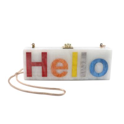 China Plastic New Ideas Printed HELLO Letters on Acrylic Evening Clutch Bag Custom Letter Party Even Acrylic Bag for sale