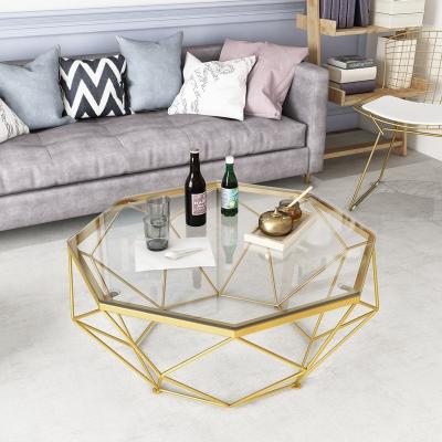 China Nordic Modern Luxury Gold Frame Wrought Iron Console Tempered Glass Top Coffee Table for sale