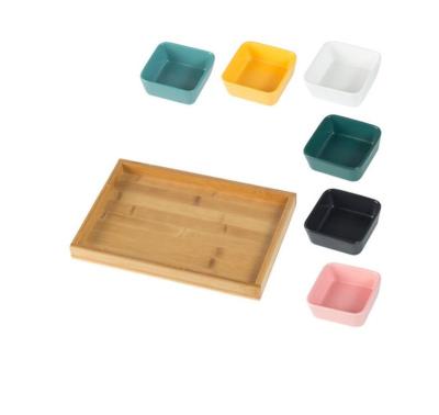 China Sustainable Multicolor Square With Wooden Tray Various Combination Ceramic Snack Bowls Smooth Small Glazed Snack Bowls for sale