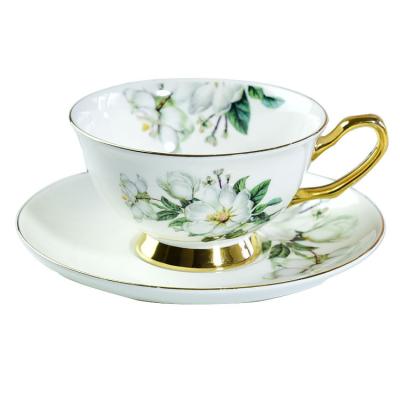 China Viable Wholesale Custom Reusable China Bone China Kapok Flower Painted Gold Foil Bottom Coffee Cup And Saucer for sale