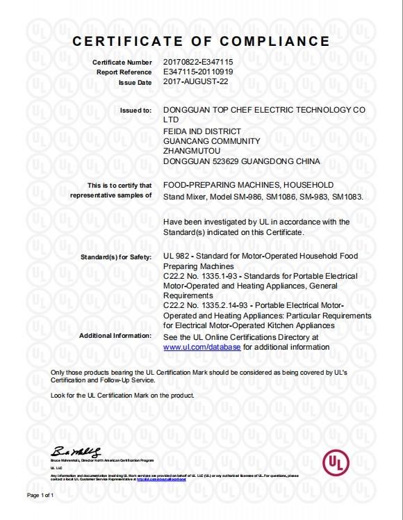 UL certificate - Dongguan Top Chef Electric Technology Co., Ltd.