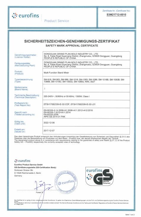 GS certificate - Dongguan Top Chef Electric Technology Co., Ltd.