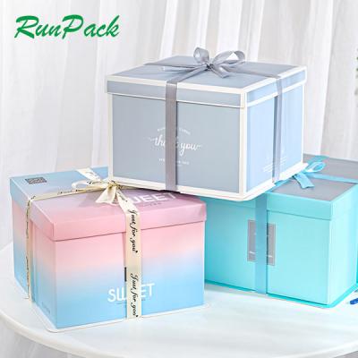 China Recycled Materials Logo Printing Decorative Fancy Cake Custom Boxes Foldable Roll Cake Box Square Gradient Color Paper Birthday Cake Box for sale