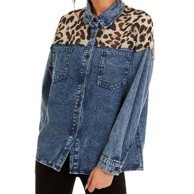 China Good Quality Cotton Denim Jacket Leopard Patchwork Anti-pilling Printed Women Jean Shirt Blouse for sale