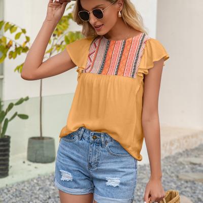 China Breathable Elegant Casual Blouse Women Summer Button Solid Color Ruffled Lace Ladies Embroidery Tops Shirts for sale