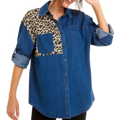 China Anti-pilling Patchwork Leopard Print Jeans Shirt Women Blouse Autumn Casual Slim Fit Denim Blouse Good Quality for sale