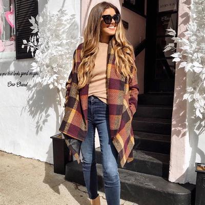 China 2021 New Arrival Anti-wrinkle Lapel Wool Coat Plaid Women Winter Loose Woolen Coats With Belt for sale