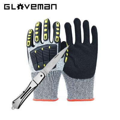 China Working Gloves GLOVEMAN Sandy Nitrile Coated Anti Slash Cut Resistant Oilfield TPR Impact Mechanic Glove for sale