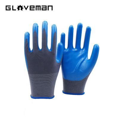 China Anti-smash GLOVEMAN Breathable Longevity 13G Nylon Polyester Nitrile Half Smooth Palm Coated Nitrile Smooth Garden Working Gloves for sale