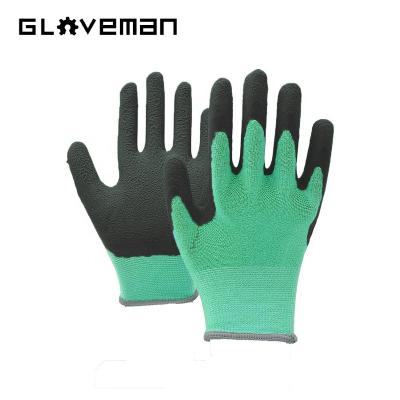 China Anti-smash GLOVEMAN Polyester Coating Black Nylon Latex Coated Good Handle Work Safety Gloves Industry Wrinkle Latex Palm Glove for sale