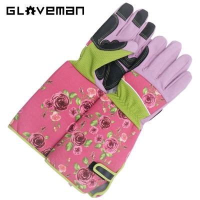 China Comfortable GLOVEMAN Ladies Sheath Long Print Pruning Thornproof Gloves Yard Gardening Working Gloves With Extra Long Forearm Protection for sale