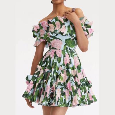 China Anti-Static 2023 Fancy dress Womens floral Printed Gathered Waist Slash Neck Puff Sleeve Fit&Flar Mini dress for sale