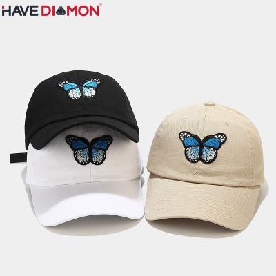 China Custom Patch Logo 6 Panel Men Cotton Women White Butterfly Embroidered Baseball Cap COMMON Fitted for sale