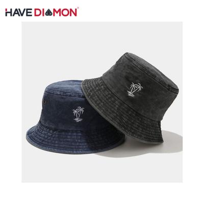 China Character Fisherman Cotton Washed Vintage Loose Cotton Washed Vintage Logo Custom Denim 3d Embroidery Own Bucket Hat for sale