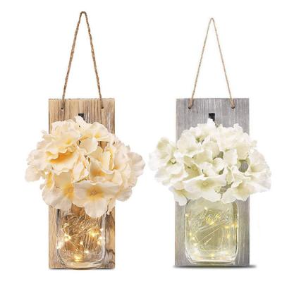 China Hot Selling Rustic Mason Jar LED Wall Lamp Electric Fairy Lights With Flower Fence Art Hanging Lights For Home Garden Decoration for sale