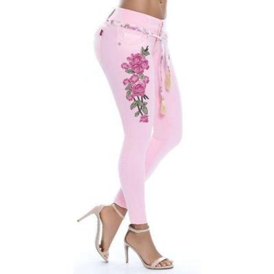 China Fashion Sustainable Women's Pants Hot Selling Embroidered High Elastic Feet Amazon Jeans For Women for sale