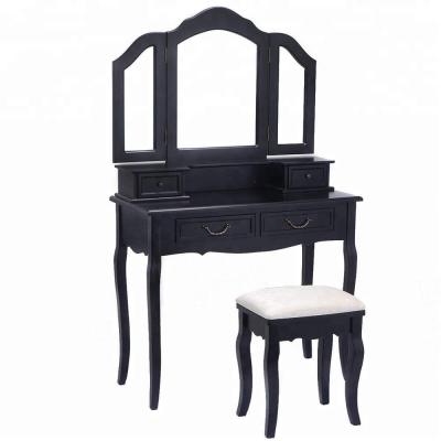 China Eco-Friendly Folding Mirror Dresser Furniture Factory Cheapest Factory Bathroom Vanity Set Makeup Table Black Wooden Dresser 4 Drawers and Black Stool for sale