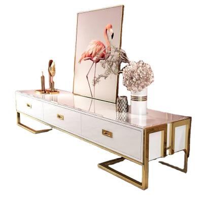 China Modern Living Room Furniture Metal TV Sets Convertible Luxury White Wood Cabinets TV Table Glass Stand With Drawers for sale