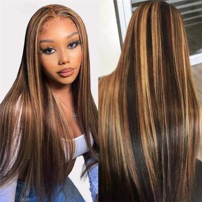 China Luxury Silky Straight Wave Virgin Human Hair 13x6 Honey Blonde Highlight Full HD Brazilian Straight Lace Front Wig for sale