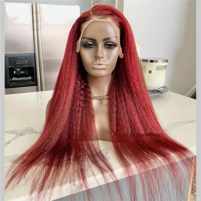 China Swiss Straight 99J 16Inch HD Curly Straight Swiss Lace Front Wig Pre Plucked Burgundy Hair Wigs for sale