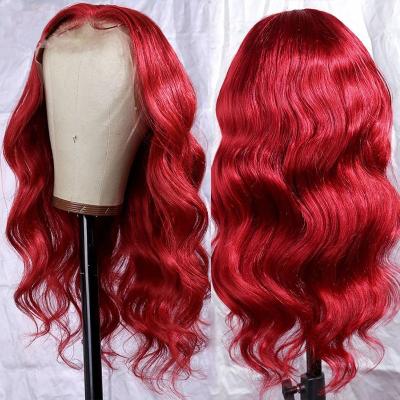 China Body Wave Colored Hair Wigs Pre Plucked Body Wave Frontal Burgundy Lace Wig Red Lace Front Wigs for sale