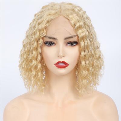 China Jerry Curl Hair Gold Blonde Color Remy Chinese Human Blonde Curly Bob Wigs 613 Loose Wave Curly Frontal 12 Inches for sale