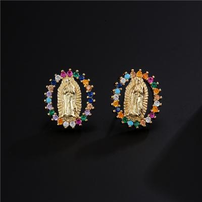 China Other DIY Personality 2021 Retro Gold Plated Shiny Copper Micro Pave CZ Stone Virgin Mary Earrings For Girl Women Character Jewelry for sale