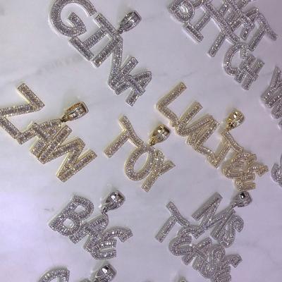 China Other Iced Out Personalized Name Pendant Hip Hop CZ Diamond Necklace Jewelry Custom Baguette Letters Pendant Necklace for sale