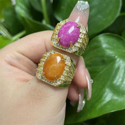 China 2022 Wholesale Iced Out Vintage 2022 Adjustable Natural Zircon Stone Jade Band Ring For Women Mens Gemstone Yellow Pink Rings for sale