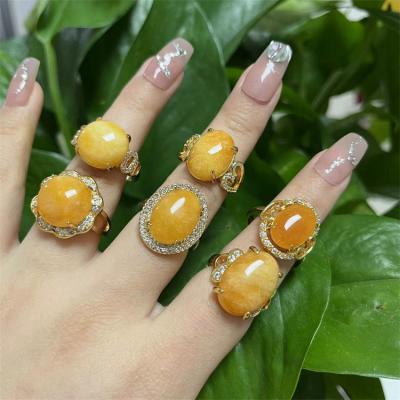 China Vintage Women Finger Ring Natural Stone Gemstone Zircon Ring Gold Plated Jade Ring Set Jewelry Adjustable Yellow for sale