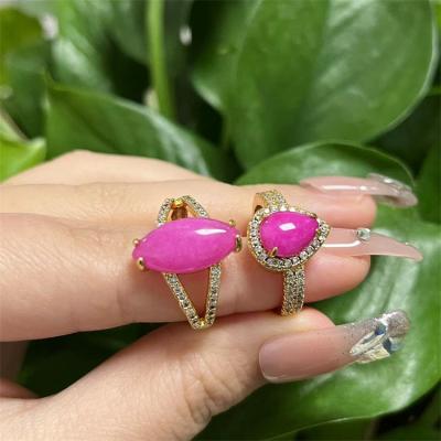 China Natural Stone Zirconia Jade Adjustable Rings Wholesale Heart Shaped Ring Pink Iced Out Cubic Gemstone Vintage Luxury Women for sale