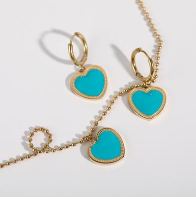 China Luxury Romantic Women 18k Gold Plated Blue Heart Shaped Enamel Huggie Stainless Steel Circle Earrings Necklace Set Jewelry for sale