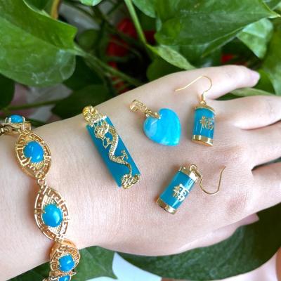 China Chinese Vintage Gemstone Natural Stone Symbol Bar Shaped Jade Hoop Earrings Sets Jewelry For Women for sale