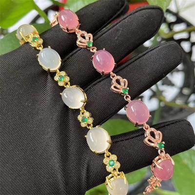 China Romantic Natural Jade Stone Bracelet Bangles Gold Plated Pink White Zircon Gemstone Bracelets For Women Charms Jewelry for sale