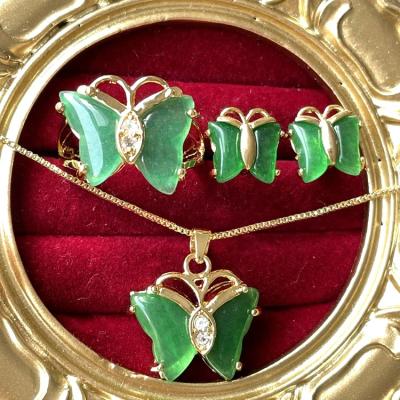 China CLASSIC Luxury 18k Gold Plated Natural Green Jade Stone Butterfly Pendant Necklace Earrings And Ring Set Jewelry For Women for sale