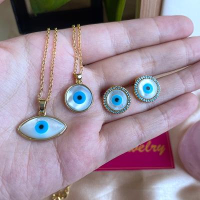 China CLASSIC Gold Plated Charm Devil Eyes Choker Pendant Necklace Pearly Blue Evil Eyes Necklace Earrings Set Jewelry for sale