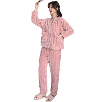 China Homewear Breathable Coral Fleece Cardigan Long Sleeve Casual Thicken Flannel Winter Pajamas For Women for sale