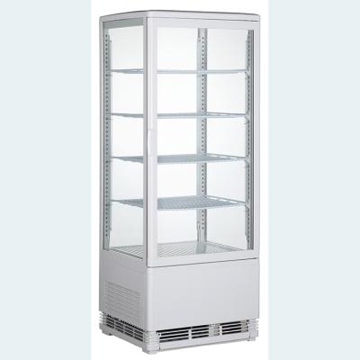 China Single-temperature 98L cake refrigerated cool-sided glass display case four sided vertical glass cabinet for sale