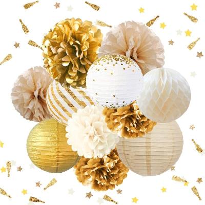 China LUCKY Gold Paper Lantern Party Supplies Vintage White Party Decorations Pom Poms Gold Foil Dots Wedding Bridal Shower Backdrop for sale