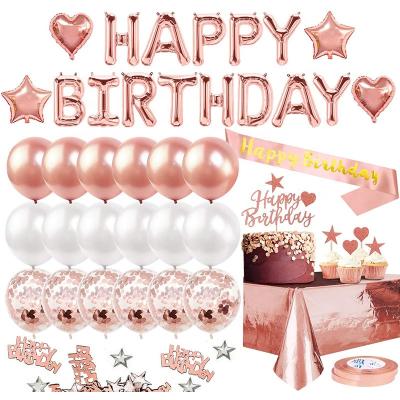 China LUCKY Rose Gold Balloon Birthday Party Decoration Happy Birthday Banner Tablecloth Cupcake Sash Party Paper Supplies for sale