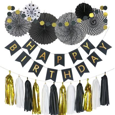 China LUCKY Black &gold Flag Set Paper Flower Paper Tassel Fan Paper Flower Fishtail Fan Set for sale