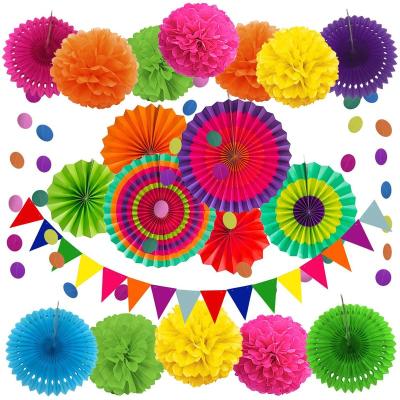 China LUCKY Multicolor Hanging Paper Fans Paper Pom Poms Flowers Bunting Flags for Birthday Party Baby Showers Wedding Decor for sale