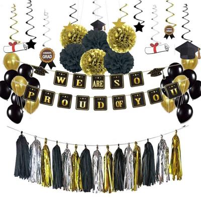 China LUCKY Graduation Party Ceremony Paper School Activities Decorating Supplies Black and Gold Classroom Background Wall Set for sale