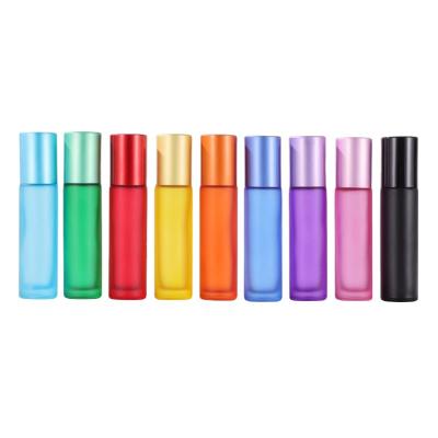 China 5ml 10ml Cosmetic Frosted Red Blue Yellow Purple Green Glass Roll On Bottles With Wire Drawing Cap For Essential Oil Perfume for sale